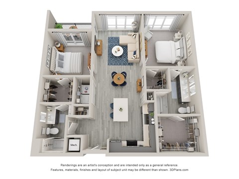 Floor plan for 2 beds, 2 baths, 1166 sqft